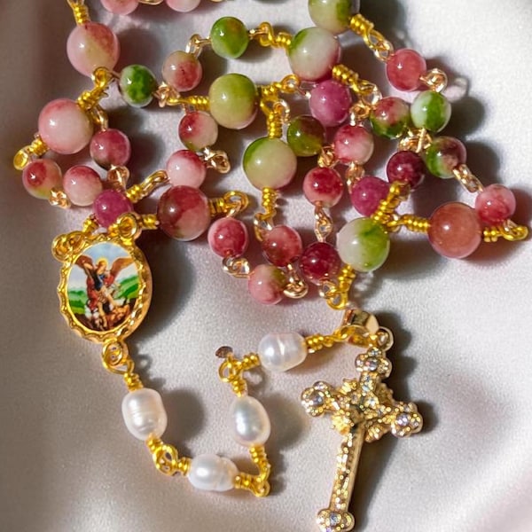 St. Michael Chaplet | Watermelon Tourmaline & Freshwater Pearl Prayer Beads | CZ Crucifix | Handmade Catholic Devotion