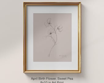 Sweet Pea Flower Print: April Birth Flower, Botanical Art (8x10)