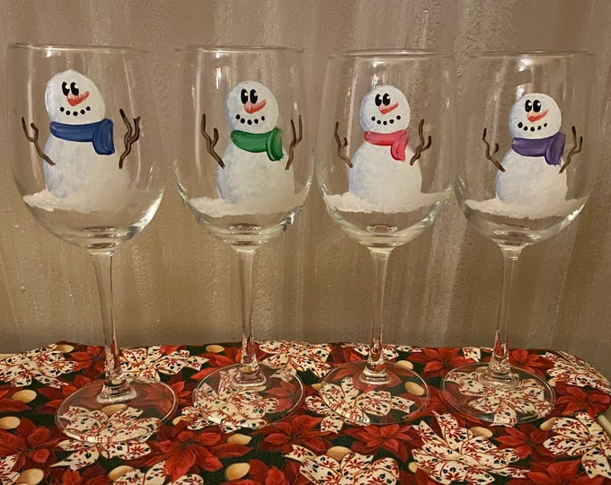 Snowman Wine Glasses Hand Painted Set / 4 Etsy