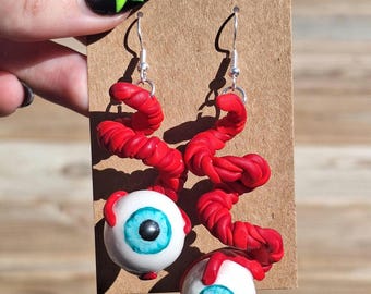 Eyeball earrings, polymer clay creepy eye earrings, spooky earrings, dangling earrings, handmade unique Halloween themed earrings