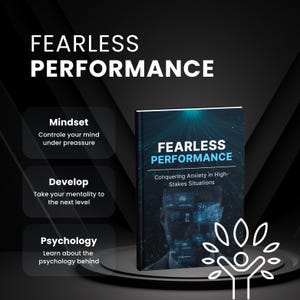 Può includere: Un libro nero e blu intitolato "Fearless Performance: Conquering Anxiety in High-Stakes Situations". La copertina del libro presenta il viso di una persona con un motivo digitale sovrapposto. Il libro è appoggiato su una superficie nera con un contorno bianco di una persona con foglie che crescono dalla sua testa.