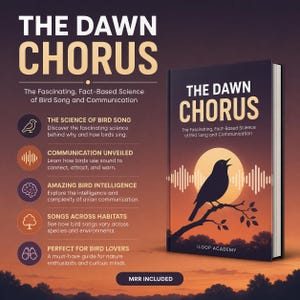 Puede incluir: Un libro titulado The Dawn Chorus: The Fascinating, Fact-Based Science of Bird Song and Communication. La portada muestra la silueta de un pájaro negro sobre una rama frente a un gran sol amarillo y un gráfico de ondas sonoras.