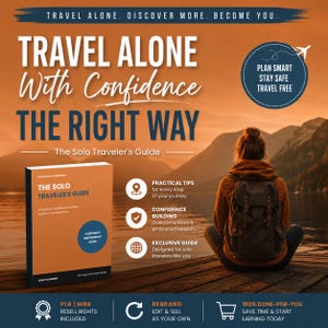 Könnte beinhalten: Eine digitale Produktwerbung für The Solo Traveler's Guide mit einem orangefarbenen Buchcover mit blauem Text, einer Person mit Rucksack auf einem Holzsteg vor einem See und Bergen sowie Text zu den enthaltenen PLR- und MRR-Rechten.