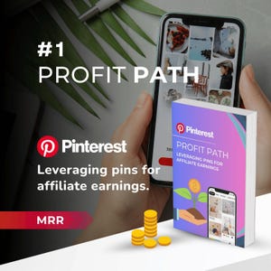 Peut inclure: Un guide intitulé "Profit Path: Leveraging Pins for Affiliate Earnings" avec un logo Pinterest et un graphique d'une plante poussant à partir d'une pièce d'un dollar. Le guide est sur l'écran d'un smartphone avec une main tenant le téléphone. L'arrière-plan est un motif vert et blanc.