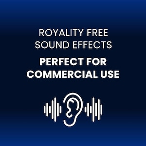 以下が含まれることがあります： 濃い青色の背景に白い文字で「Royalty Free Sound Effects Perfect For Commercial Use」と書いてあります。テキストの下には、音波がついた耳の白いアウトラインがあります。
