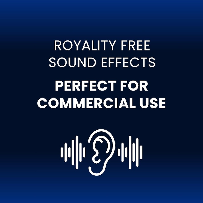 以下が含まれることがあります： 濃い青色の背景に白い文字で「Royalty Free Sound Effects Perfect For Commercial Use」と書いてあります。テキストの下には、音波がついた耳の白いアウトラインがあります。