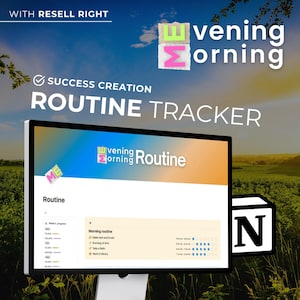 Peut inclure: Un écran d'ordinateur affichant une application de suivi de routine avec le texte "Evening Morning Routine" et une liste de tâches de routine matinale, notamment "Faire son lit et se brosser les dents", "Course à pied de 10 km", "Prendre un bain" et "Travailler à la bibliothèque". L'écran est sur un bureau devant un champ vert.