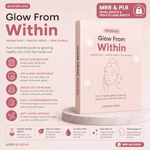 May include: A light pink digital product cover titled Glow From Within by iLoop Academy. The text highlights masterclass, MRR and PLR rights, and skincare topics like radiant skin, healthy habits, and real science. A line drawing of a face is featured.