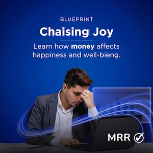 May include: A man in a suit sits at a laptop, looking stressed. The screen shows a graph with the text "How much money did you donate to your favorite business this year?" and a bar graph with percentages. The text "MRR" is visible in the bottom right corner of the screen. The image is blue with a blue and white light effect.