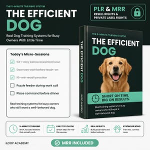 May include: A digital product cover titled The Efficient Dog, featuring a golden retriever, the text Short on Time. Big on Results, and a list of micro-training sessions. The design includes icons for 5-minute training, easy steps, real results, and a stronger bond, with PLR and MRR labels.
