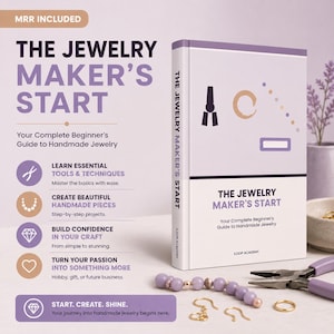 Puede incluir: Un libro blanco titulado The Jewelry Maker's Start con detalles en morado, que presenta un gráfico de herramientas de joyería y cuentas. La portada muestra el texto The Jewelry Maker's Start, Your Complete Beginner's Guide to Handmade Jewelry.
