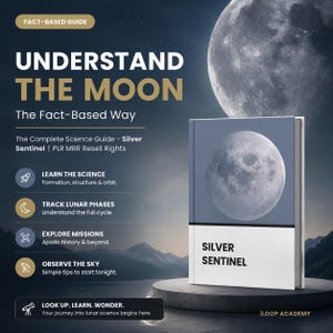 Peut inclure: Un livre intitulé Silver Sentinel avec un graphique de lune sur la couverture. Le texte indique Understand The Moon, The Fact-Based Way, Learn The Science, Track Lunar Phases, Explore Missions, Observe The Sky, et Look Up. Learn. Wonder.