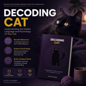 May include: A book titled Decoding Cat: Understanding the Hidden Language and Psychology of Your Cat by iLoop Academy. The cover features a black cat silhouette with yellow eyes against a dark purple background, next to a ball of yarn and a mug.