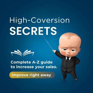 May include: A cartoon baby in a black suit points to the text "High-Conversion SECRETS" with a white stick. The text below reads "Complete A-Z guide to increase your sales. Improve right away".