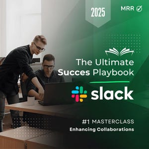 Op de afbeelding: Twee mensen werken samen aan een laptop. Het laptopscherm toont het Slack-logo en de tekst "The Ultimate Success Playbook #1 Masterclass Enhancing Collaborations".