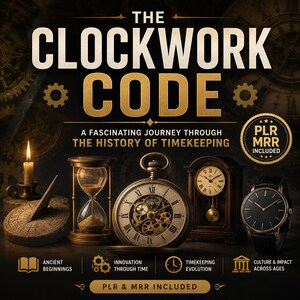 May include: A digital book cover titled THE CLOCKWORK CODE: A FASCINATING JOURNEY THROUGH THE HISTORY OF TIMEKEEPING. It features a candle, sundial, hourglass, pocket watch, mantle clock, and wristwatch against a dark background with gear motifs.