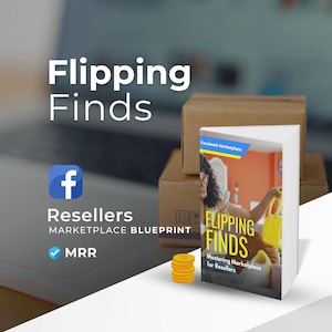 Puede incluir: Un libro titulado "Flipping Finds: Mastering Marketplace for Resellers" con una portada azul y amarilla y una mujer sosteniendo una bolsa amarilla en la portada. El libro está encima de una pila de cajas marrones. El texto "Facebook Marketplace" está en la portada del libro. El texto "Flipping Finds" está en letras grandes y negritas. El texto "Resellers Marketplace Blueprint" está debajo del logotipo "f". El texto "MRR" está marcado.