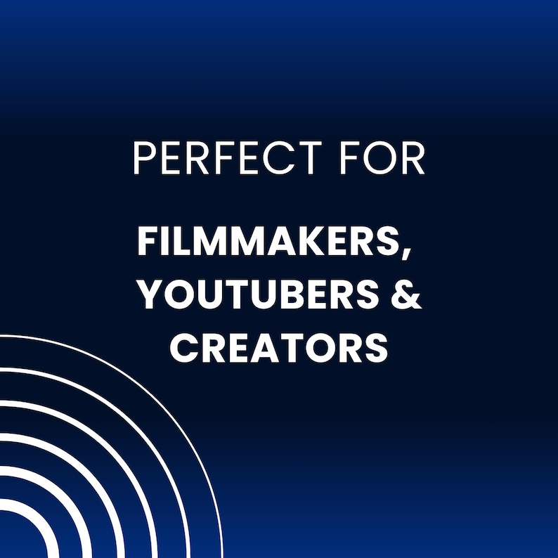 以下が含まれることがあります： 濃い青色の背景に白い文字で「PERFECT FOR FILMMAKERS, YOUTUBERS & CREATORS」と書いてあります。左下の隅に白い半円形のデザインがあります。