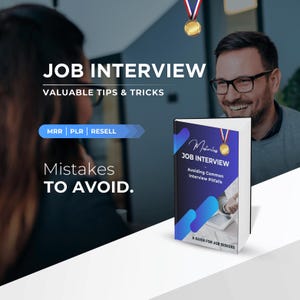 May include: A blue and white book cover with the title "Job Interview: Avoiding Common Interview Pitfalls" and the subtitle "A Guide for Job Seekers". The book cover also features a gold medal with a blue ribbon.
