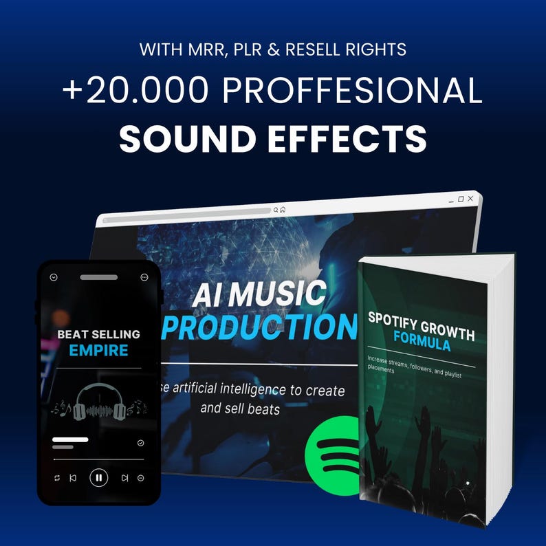 以下が含まれることがあります： 「AI Music Production」というテキストと緑色のSpotifyロゴが表示されたコンピューター画面。音楽プレーヤーアプリと「Beat Selling Empire」というテキストが表示されたスマートフォンが手前にあります。右側に「Spotify Growth Formula」というテキストが書かれた本があります。