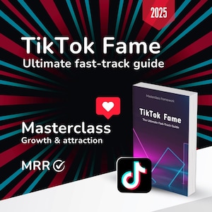 May include: A book cover with the title "TikTok Fame: The Ultimate Fast-Track Guide" with a pink heart and a TikTok logo. The book cover is white with a pink and blue neon design.