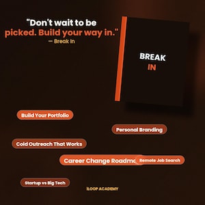 May include: A black book titled BREAK IN with an orange spine. The cover features the text: Don't wait to be picked. Build your way in. Below are orange buttons labeled: Build Your Portfolio, Personal Branding, Cold Outreach That Works, Career Change Roadmap, Remote Job Search, Startup vs Big Tech, and iLOOP ACADEMY.