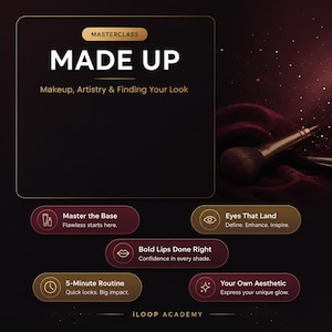 Könnte beinhalten: Eine digitale Grafik für eine Make-up-Masterclass mit dem Titel MADE UP: Makeup, Artistry & Finding Your Look. Sie enthält fünf Abschnitte: Master the Base, Eyes That Land, Bold Lips Done Right, 5-Minute Routine und Your Own Aesthetic, mit iLOOP ACADEMY am unteren Rand.