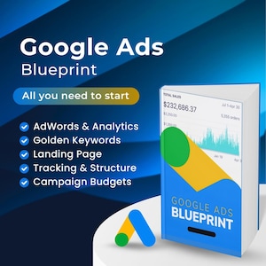 Könnte beinhalten: Ein blaues und gelbes Buch mit dem Text "Google Ads Blueprint" auf dem Cover. Das Buch ist aufgeschlagen auf einer Seite mit einem Diagramm, das das Umsatzwachstum im Zeitverlauf zeigt. Der Text "Gesamtumsatz 232.686,37 €" ist auf der Seite sichtbar. Das Buch befindet sich auf einem blauen und schwarzen Hintergrund.