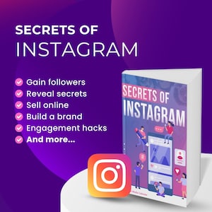 Puede incluir: Una portada de libro con el título "Secrets of Instagram" en texto blanco sobre un fondo azul. La portada presenta una ilustración de personas que usan un teléfono inteligente para interactuar con las redes sociales. La portada del libro también incluye un icono de marca de verificación junto a las palabras "Obtener seguidores", "Revelar secretos", "Vender en línea", "Construir una marca", "Hacks de participación" y "Y más..."