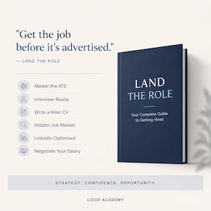 May include: A dark blue hardcover book titled LAND THE ROLE: Your Complete Guide to Getting Hired. The text Get the job before it's advertised is displayed alongside a list of career services including Master the ATS and Negotiate Your Salary.