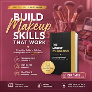 Op de afbeelding: Een zwart en goud boek getiteld The Makeup Foundation, met de tekst Build Makeup Skills That Work. De omslag bevat een gouden cirkelvormige badge, een lijst met kenmerken en een PLR/MRR-label voor doorverkooprechten op een magenta achtergrond.