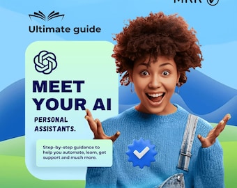 Op de afbeelding: Een vrouw met krullend haar glimlacht enthousiast voor een blauwe en groene achtergrond. De tekst "Meet Your AI Personal Assistants." wordt weergegeven in een witte doos met een blauwe rand. De tekst "Ultimate guide" wordt weergegeven in een witte doos met een blauwe rand. De tekst "MRR" wordt weergegeven in een witte doos met een blauwe rand. Een blauw vinkje wordt weergegeven in een witte cirkel.