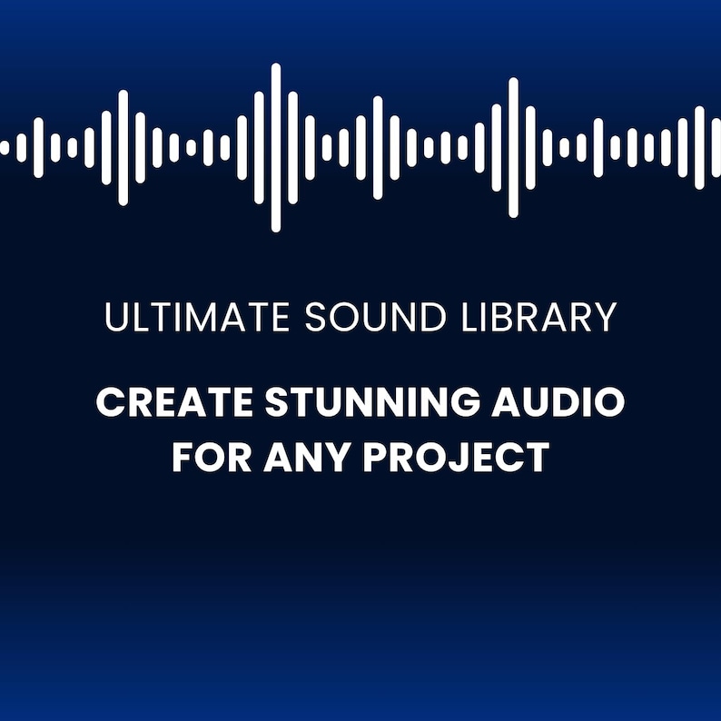 以下が含まれることがあります： 濃い青色の背景に白い文字で「Ultimate Sound Library」と「Create Stunning Audio for Any Project」と書かれています。テキストの上に白い音波のグラフィックがあります。