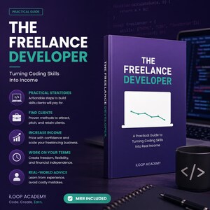 May include: A purple book titled The Freelance Developer: A Practical Guide to Turning Coding Skills Into Real Income by iLoop Academy. The cover features a white laptop icon with a green line graph. Beside it sits a black mug with a white code symbol.