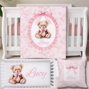 Custom Name Bear Crib Bedding Set with Sheet, Blanket Pillow Cover, Personal Blanket Gifted girls, Baby Blanket Gifte, Babyshower Present