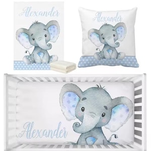 Custom Name Baby Boy Blanket Set, Blue Elephant Crib Bedding, Personalized Baby Shower Gift, Newborn Name Blanket, Crib Sheet, baby bedding