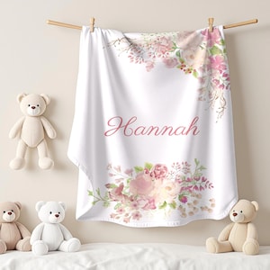 Pink Watercolor Flower Baby Blanket Personalized & Baby Name, flowergift blanket, floral babyblanket, personalized blanket, girl babyshower