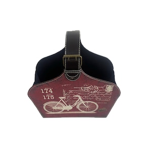 Burgundy PU Leather Magazine Holder with Bicycle Print – Foldable Desk & Floor Organizer