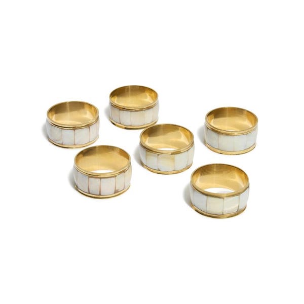 Gold Brass Napkin Rings: Mother of Pearl Inlay, Set of 6