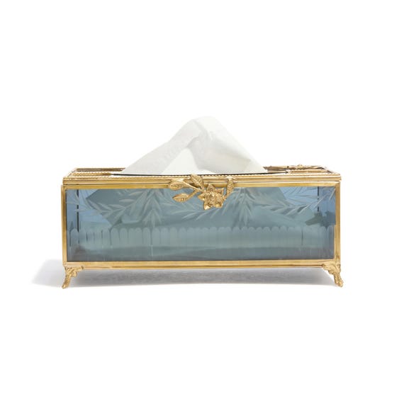 Etched Floral Brass Tissue Box Holder: Retro Black Glass