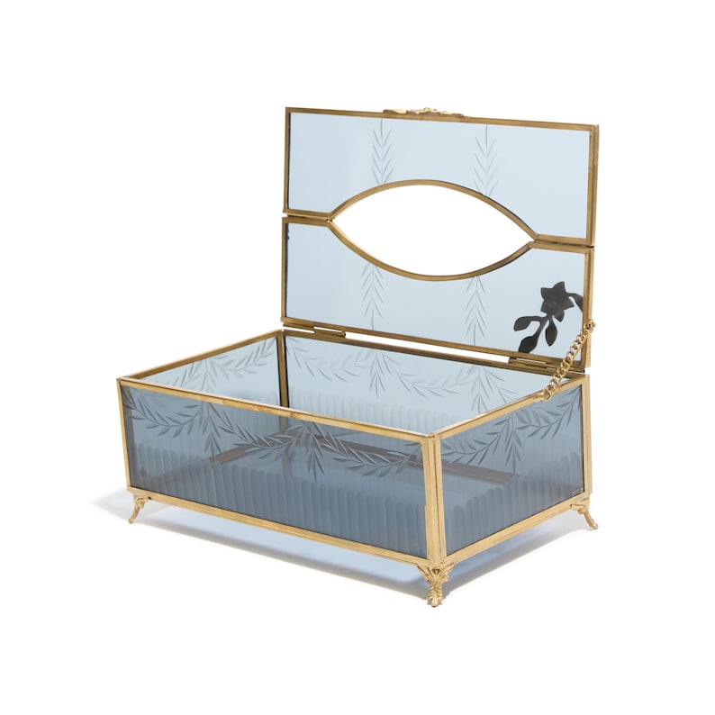 Etsad blommig mässingshållare för näsdukar: Retro svart glas bild 3