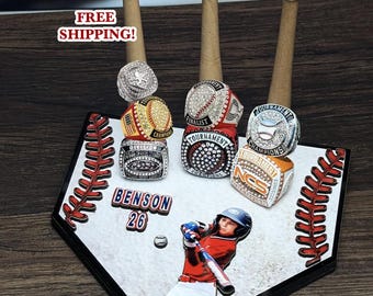 Custom 3-bat baseball/softball ring stand, personalized championship ring display, photo display, athlete gift, Christmas gift free shipping