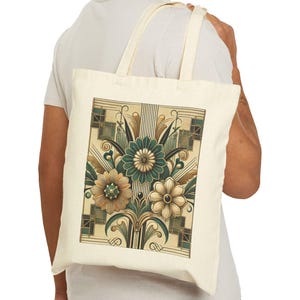 Floral Tote Bag, Art Deco Design, Durable Market Bag, Vintage Chic, Book Lover Gift, Reusable Grocery Bag, Eco-Friendly, Canvas Tote