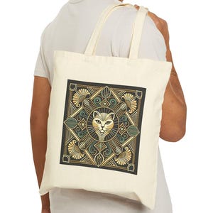 Cat Tote Bag, Art Deco Design, Durable Market Bag, Vintage Chic, Book Lover Gift, Reusable Grocery Bag, Eco-Friendly, Canvas Tote