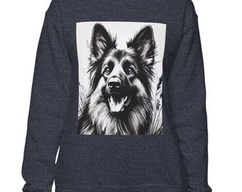 Bluza z okrągłym dekoltem Owczarek Niemiecki, Przytulna koszulka unisex dla miłośników psów, Oryginalny szkic węglowy, Ciepły zimowy sweter, Odzież dla rodziców zwierząt