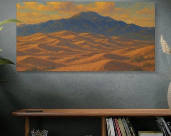 Wydruk na płótnie, Góry i wydmy Kolorado, Obraz olejny z pejzażem, Dekoracja Parku Narodowego Great Sand Dunes, Wysokiej jakości matowa, rozciągnięta sztuka ścienna