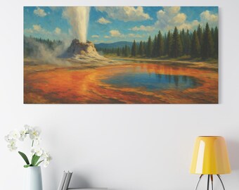 Wydruk na płótnie, Yellowstone, Wyoming, Oryginalny olejny obraz pejzażowy, Dekoracja Parku Narodowego Grand Prismatic Spring, Wysokiej jakości sztuka ścienna