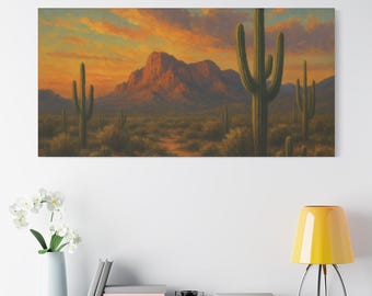 Wydruk na płótnie, kaktus Saquaro Arizona, oryginalny obraz olejny z pejzażem, dekoracja Parku Narodowego Saguaro, wysokiej jakości matowa, rozciągnięta sztuka ścienna