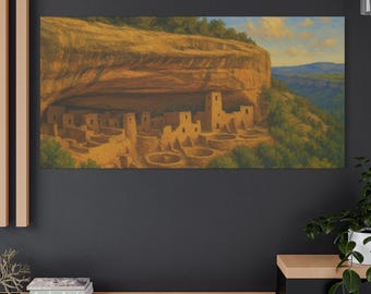 Wydruk na płótnie, jaskiniowe domy w Kolorado, olejny obraz pejzażowy, dekoracja Parku Narodowego Mesa Verde, wysokiej jakości matowa, rozciągnięta sztuka ścienna