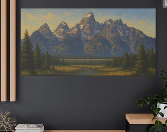 Wydruk na płótnie, Góry Wyoming, Oryginalny olejny obraz pejzażowy, Dekoracja Parku Narodowego Grand Tetons, Wysokiej jakości matowa, rozciągnięta sztuka ścienna